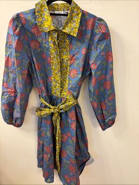 Hermoza Floral Button-Front Dress with Contrasting Yellow Trim